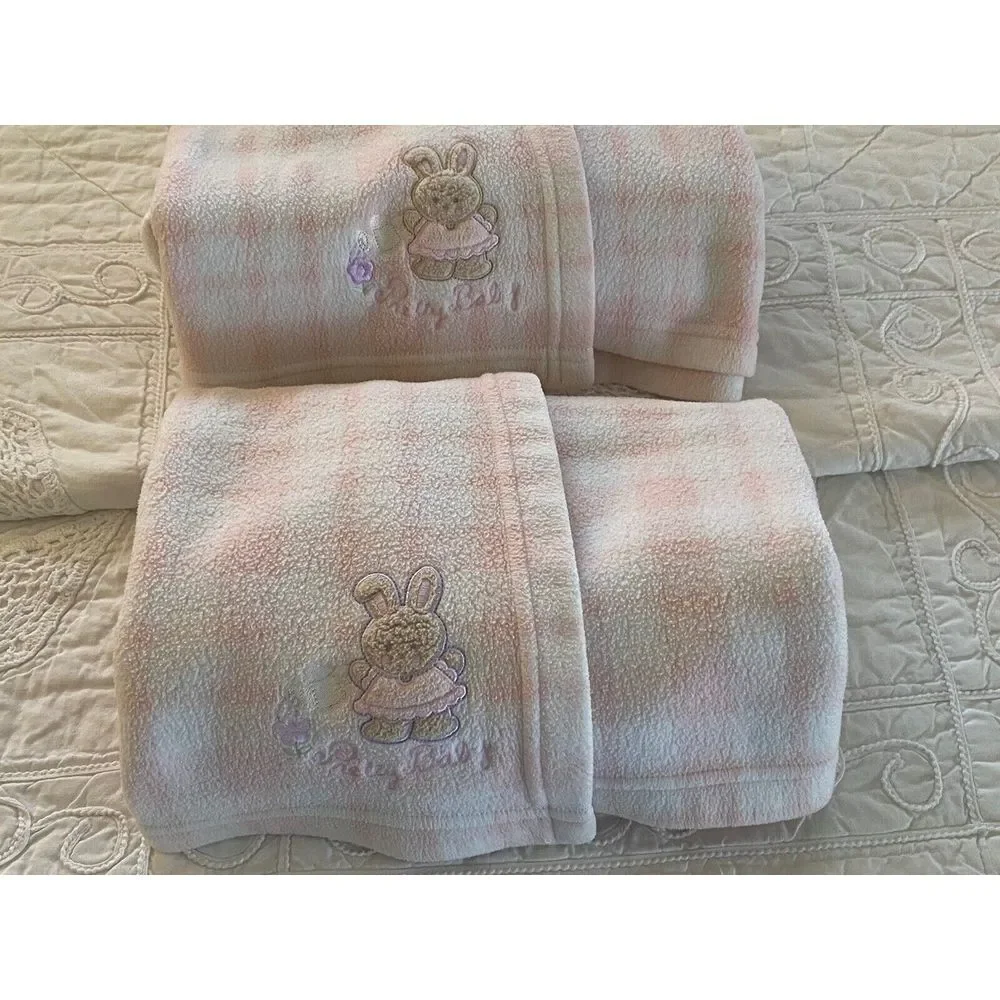 Vintage Simply Basic Pink White Plaid Fleece Pretty Baby Rabbit Security Blanket